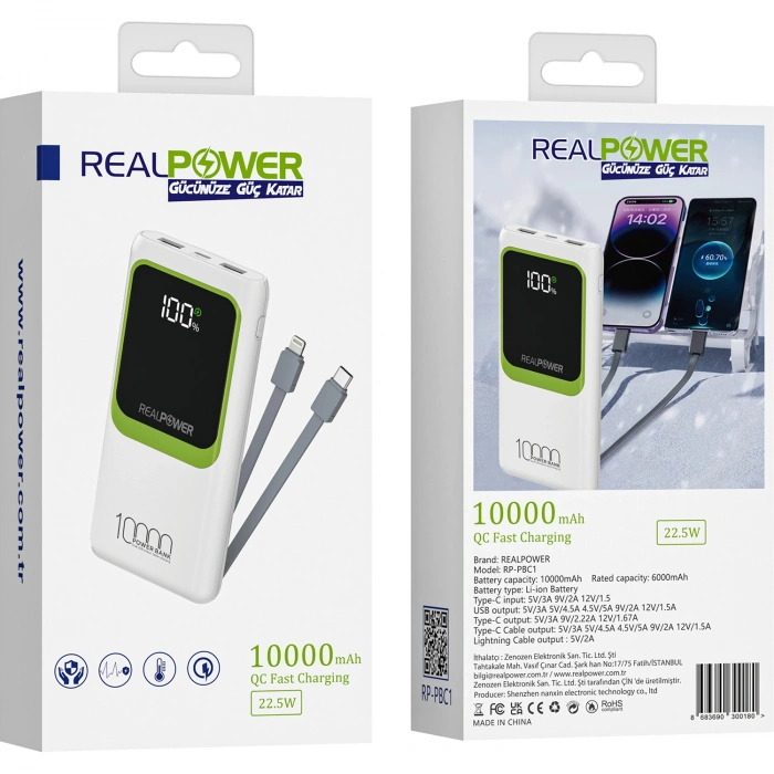 Realpower 10000mAh 22.5W Dahili Kablolu Taşınabilir Beyaz Powerbank RP-PBC1
