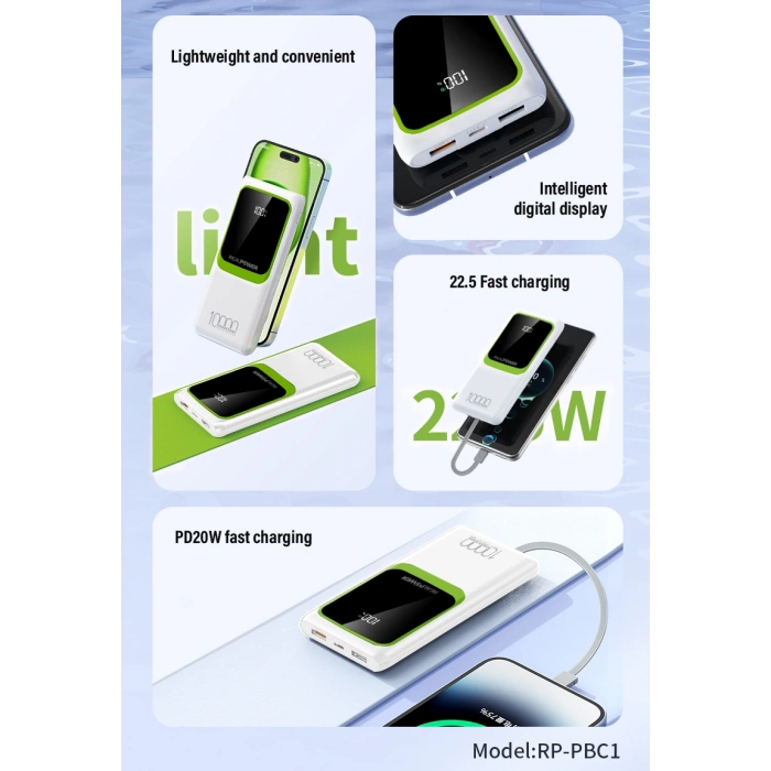 Realpower 10000mAh 22.5W Dahili Kablolu Taşınabilir Beyaz Powerbank RP-PBC1