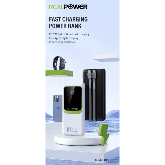 Realpower 10000mAh 22.5W Dahili Kablolu Taşınabilir Beyaz Powerbank RP-PBC1
