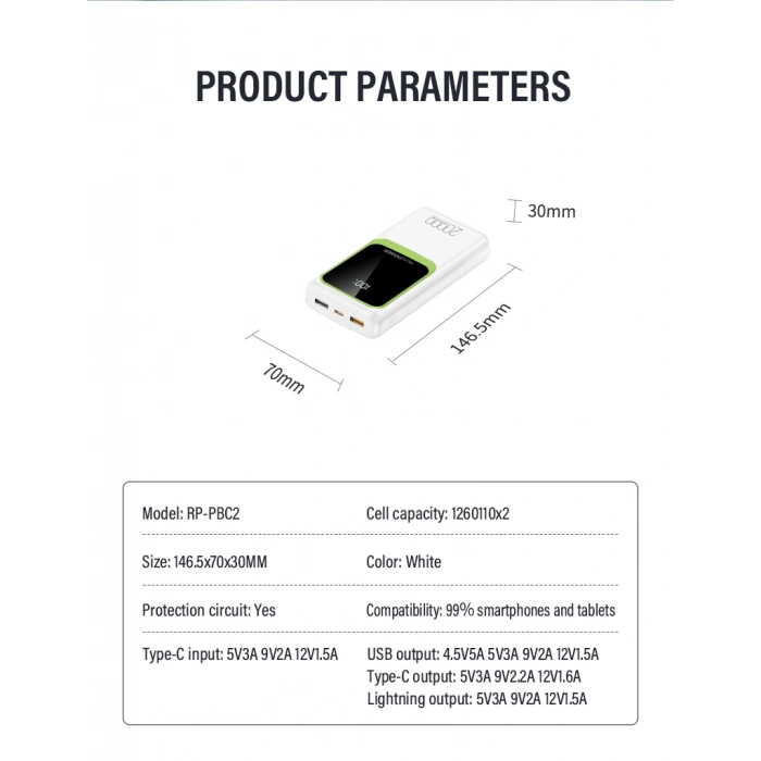 Realpower 20000mAh 22.5W Dahili Kablolu Taşınabilir Beyaz Powerbank RP-PBC2