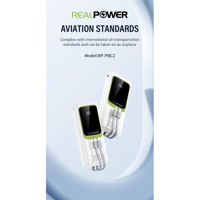 Realpower 20000mAh 22.5W Dahili Kablolu Taşınabilir Beyaz Powerbank RP-PBC2
