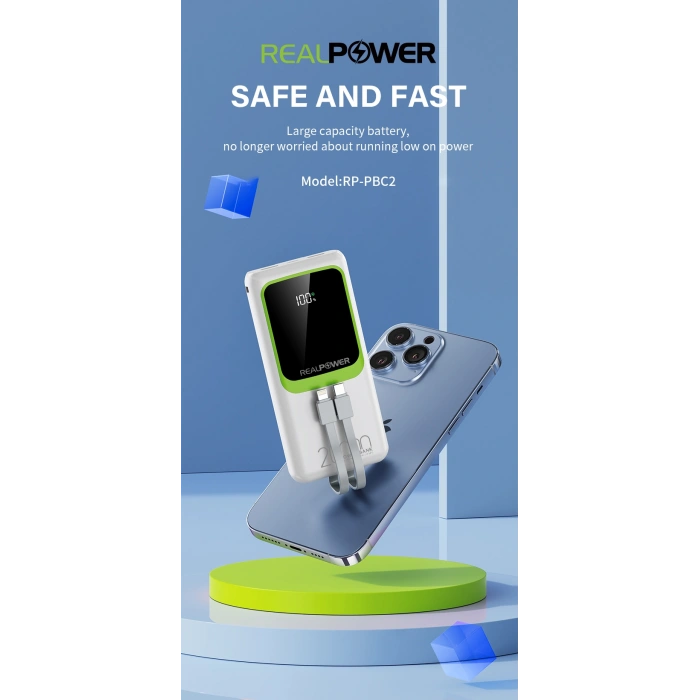 Realpower 20000mAh 22.5W Dahili Kablolu Taşınabilir Beyaz Powerbank RP-PBC2