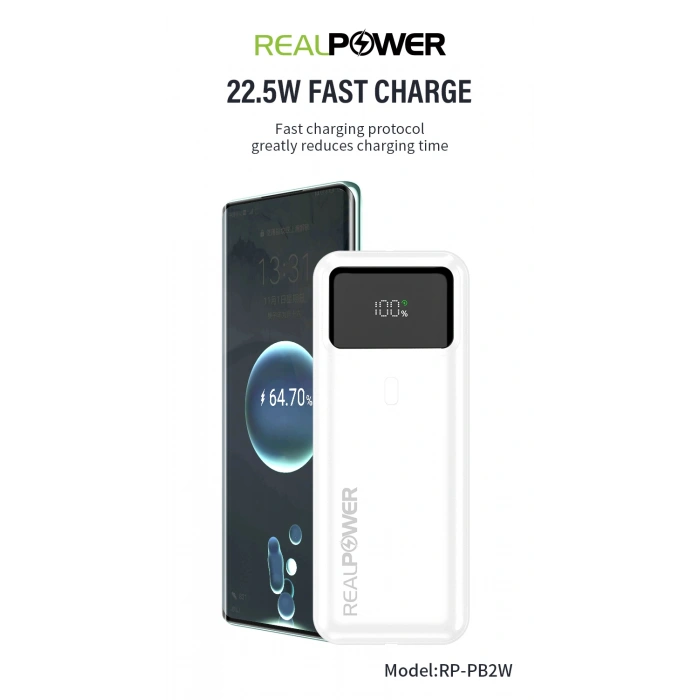 Realpower 20000mAh 22.5W Taşınabilir Beyaz Powerbank RP-PB2W