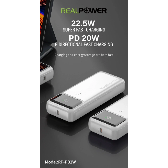 Realpower 20000mAh 22.5W Taşınabilir Beyaz Powerbank RP-PB2W