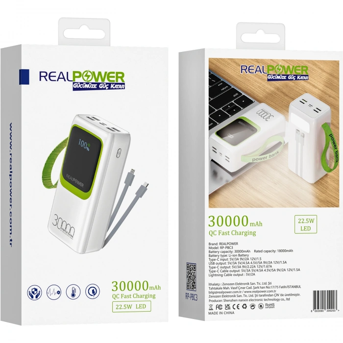 Realpower 30000mAh 22.5W Taşınabilir Ledli Beyaz Powerbank RP-PBC3