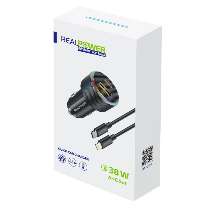 Realpower 38W Hızlı Araç Şarjı + Type-c den Lightning Kablo RP-CC38W