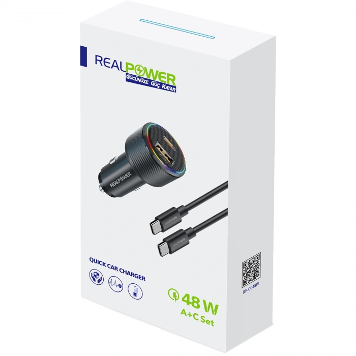Realpower 48W Hızlı Araç Şarjı + Type-c den Type-c Kablo RP-CC48W