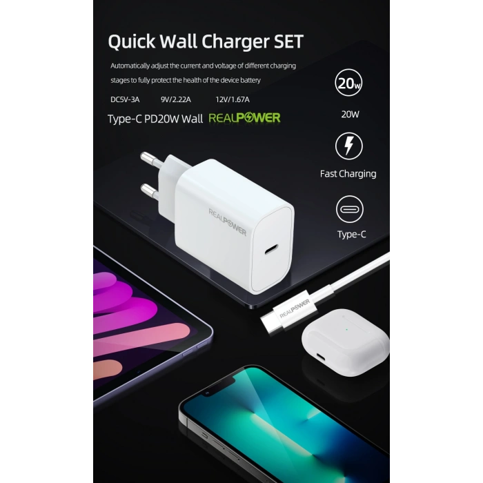 Realpower 20W Seyahat Şarj Aleti + Type-c den Lightning Kablo RP-CG20C