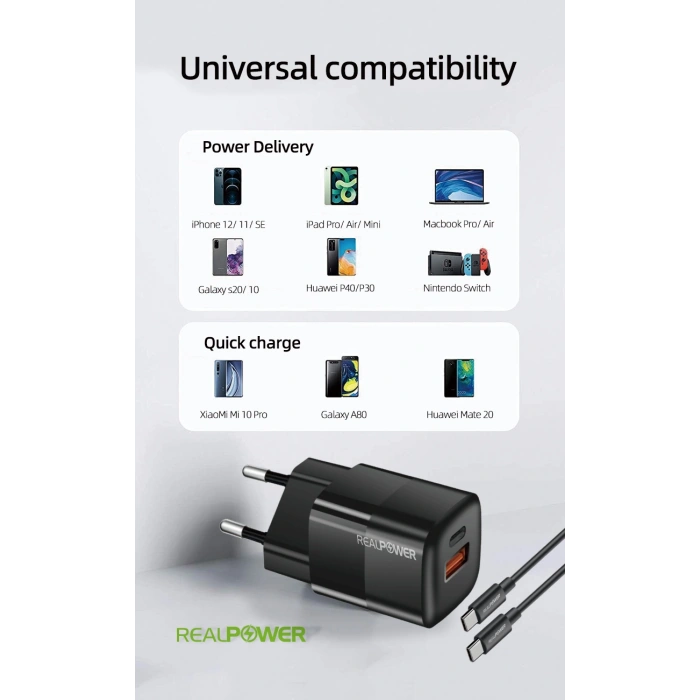 Realpower 33W GAN Siyah Seyahat Hızlı Şarj Aleti + Type-c den Type-c Kablo RP-CG33CB