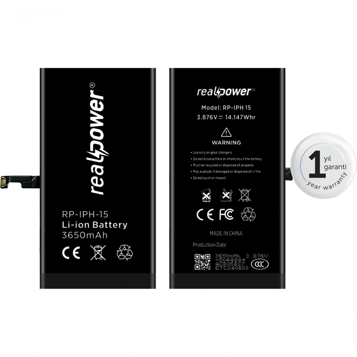 RealPower Apple Uyumlu iPhone 15 Yüksek Kapasiteli Batarya 3650mah