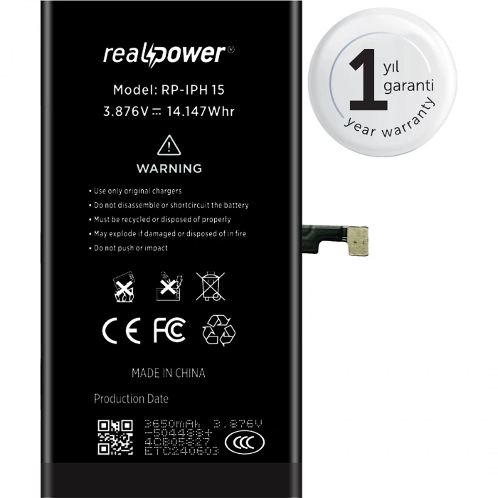 RealPower Apple Uyumlu iPhone 15 Yüksek Kapasiteli Batarya 3650mah