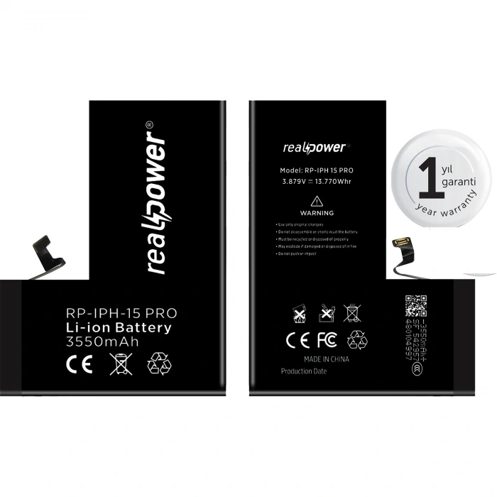 RealPower Apple Uyumlu iPhone 15 Pro Yüksek Kapasiteli Batarya 3550mah
