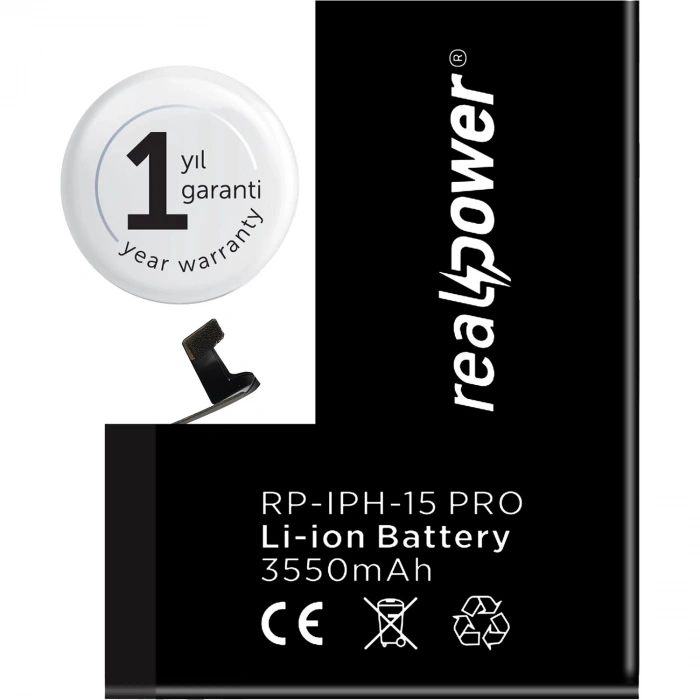 RealPower Apple Uyumlu iPhone 15 Pro Yüksek Kapasiteli Batarya 3550mah