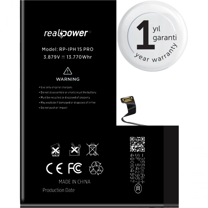 RealPower Apple Uyumlu iPhone 15 Pro Yüksek Kapasiteli Batarya 3550mah