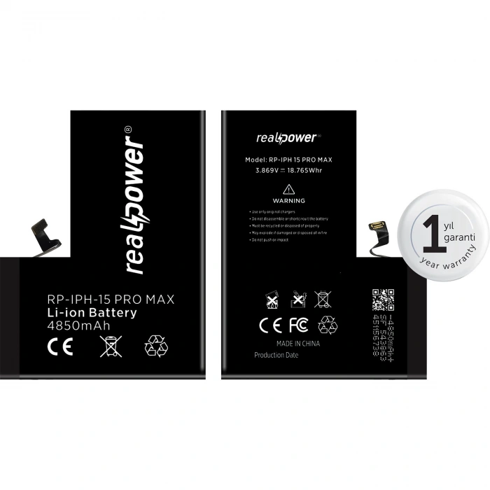RealPower Apple Uyumlu iPhone 15 Pro Max Yüksek Kapasiteli Batarya 4850mah