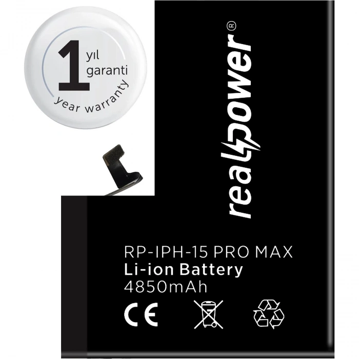 RealPower Apple Uyumlu iPhone 15 Pro Max Yüksek Kapasiteli Batarya 4850mah