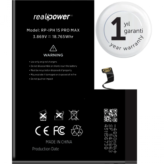 RealPower Apple Uyumlu iPhone 15 Pro Max Yüksek Kapasiteli Batarya 4850mah