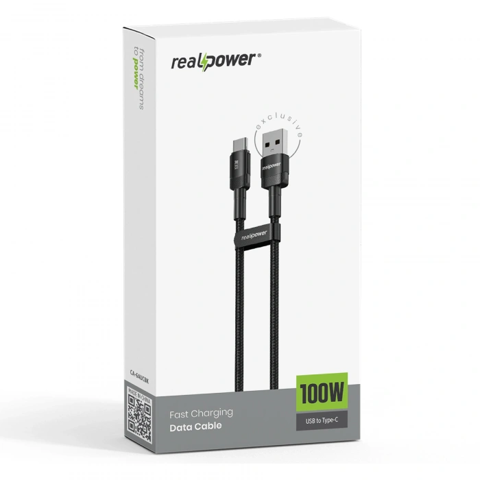 Realpower 100W USB-A to Type-C Örgülü Hızlı Şarj ve Data Kablosu 1 Metre Siyah CA-6AUCBK