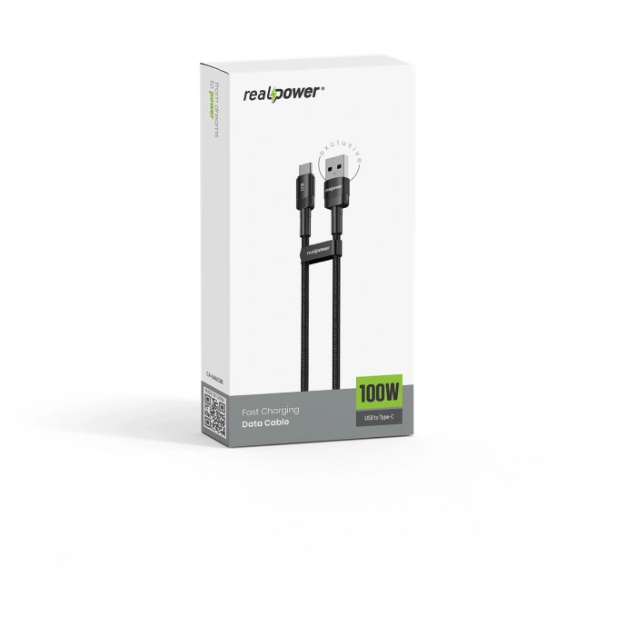 Realpower 100W USB-A to Type-C Örgülü Hızlı Şarj ve Data Kablosu 1 Metre Siyah CA-6AUCBK