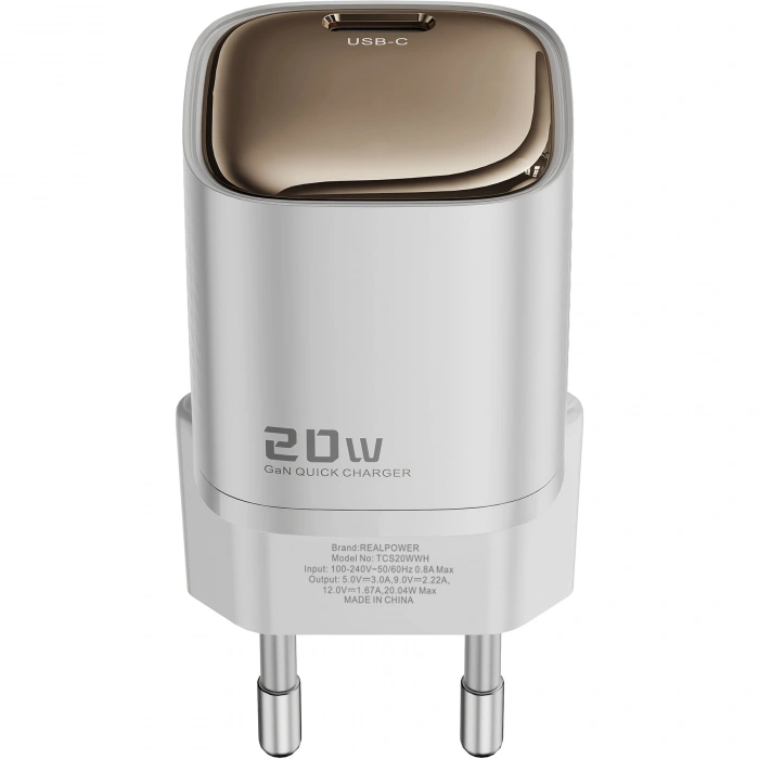 Realpower 20W GaN USB-C PD Hızlı Şarj Adaptörü Şarj Aleti ve USB-C to Lightning Hızlı Şarj Kablo Seti Beyaz TCS20WWH