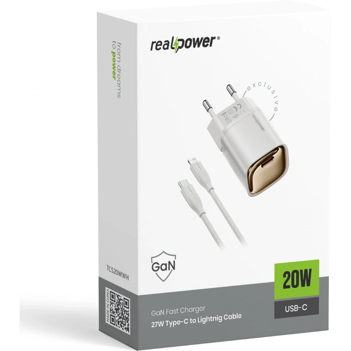 Realpower 20W GaN USB-C PD Hızlı Şarj Adaptörü Şarj Aleti ve USB-C to Lightning Hızlı Şarj Kablo Seti Beyaz TCS20WWH