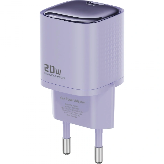 Realpower 20W GaN USB-C PD Hızlı Şarj Adaptörü Şarj Aleti ve USB-C to Lightning Hızlı Şarj Kablo Seti Mor TCS20WPU