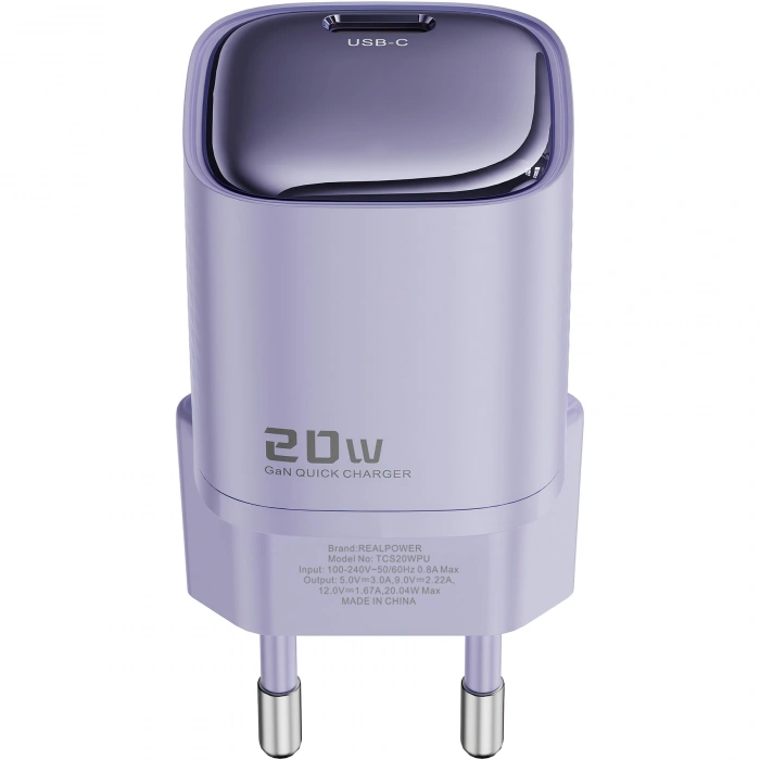 Realpower 20W GaN USB-C PD Hızlı Şarj Adaptörü Şarj Aleti ve USB-C to Lightning Hızlı Şarj Kablo Seti Mor TCS20WPU