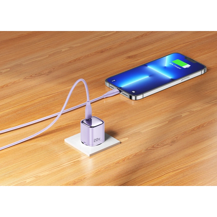 Realpower 20W GaN USB-C PD Hızlı Şarj Adaptörü Şarj Aleti ve USB-C to Lightning Hızlı Şarj Kablo Seti Mor TCS20WPU