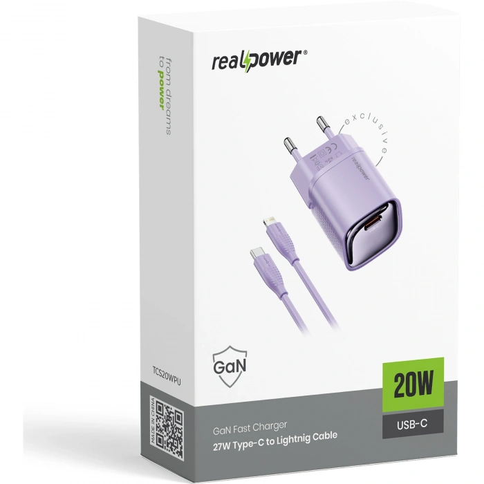 Realpower 20W GaN USB-C PD Hızlı Şarj Adaptörü Şarj Aleti ve USB-C to Lightning Hızlı Şarj Kablo Seti Mor TCS20WPU