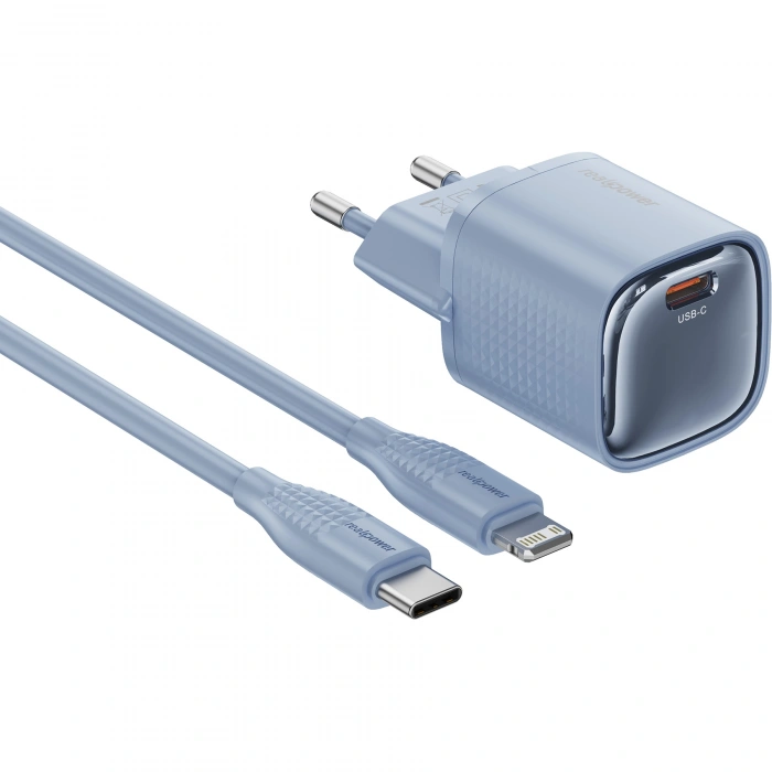 Realpower 20W GaN USB-C PD Hızlı Şarj Adaptörü Şarj Aleti ve USB-C to Lightning Hızlı Şarj Kablo Seti Mavi TCS20WBL