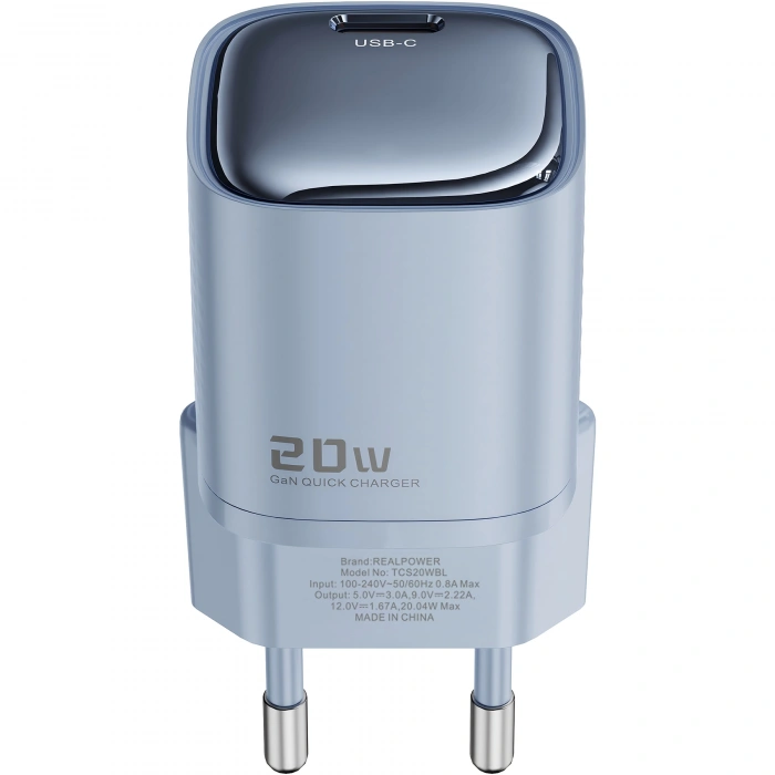 Realpower 20W GaN USB-C PD Hızlı Şarj Adaptörü Şarj Aleti ve USB-C to Lightning Hızlı Şarj Kablo Seti Mavi TCS20WBL