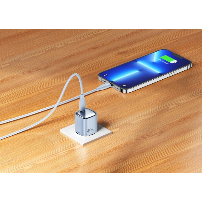 Realpower 20W GaN USB-C PD Hızlı Şarj Adaptörü Şarj Aleti ve USB-C to Lightning Hızlı Şarj Kablo Seti Mavi TCS20WBL