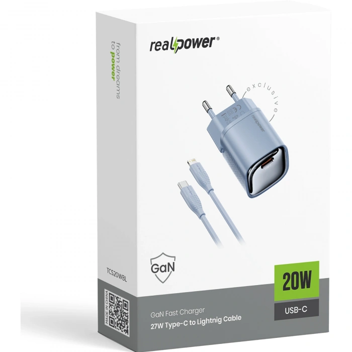 Realpower 20W GaN USB-C PD Hızlı Şarj Adaptörü Şarj Aleti ve USB-C to Lightning Hızlı Şarj Kablo Seti Mavi TCS20WBL