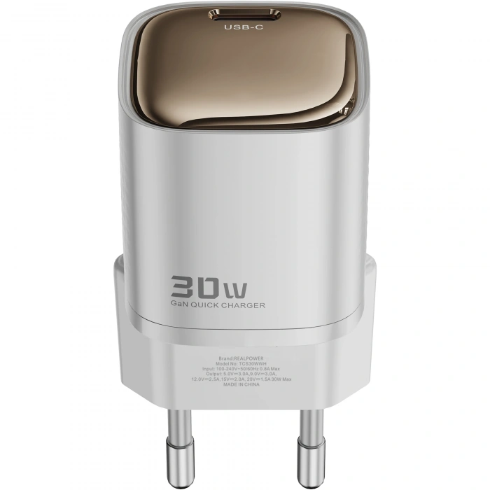 Realpower 30W GaN USB-C PD Hızlı Şarj Adaptörü Şarj Aleti ve USB-C to Lightning Hızlı Şarj Kablo Seti Beyaz TCS30WWH