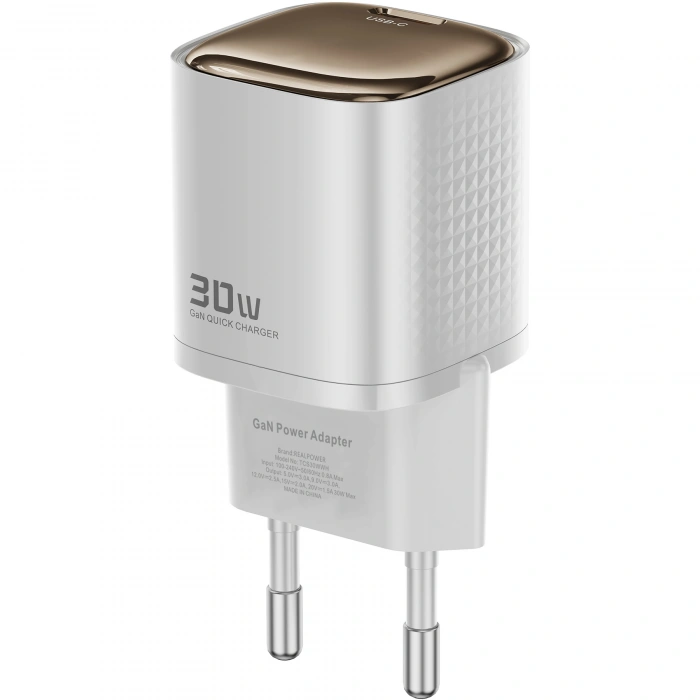 Realpower 30W GaN USB-C PD Hızlı Şarj Adaptörü Şarj Aleti ve USB-C to Lightning Hızlı Şarj Kablo Seti Beyaz TCS30WWH