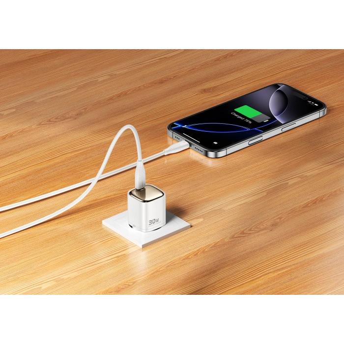 Realpower 30W GaN USB-C PD Hızlı Şarj Adaptörü Şarj Aleti ve USB-C to Lightning Hızlı Şarj Kablo Seti Beyaz TCS30WWH