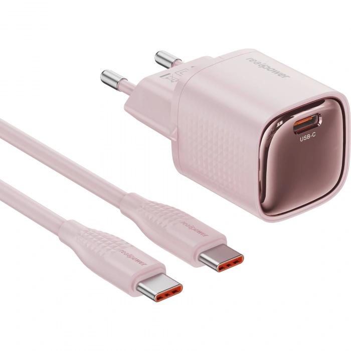 Realpower 30W GaN USB-C PD Hızlı Şarj Adaptörü Şarj Aleti ve USB-C to Lightning Hızlı Şarj Kablo Seti Pembe TCS30WPI
