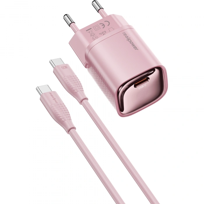 Realpower 30W GaN USB-C PD Hızlı Şarj Adaptörü Şarj Aleti ve USB-C to Lightning Hızlı Şarj Kablo Seti Pembe TCS30WPI