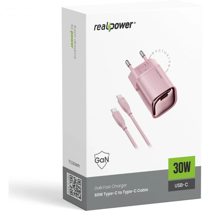 Realpower 30W GaN USB-C PD Hızlı Şarj Adaptörü Şarj Aleti ve USB-C to Lightning Hızlı Şarj Kablo Seti Pembe TCS30WPI