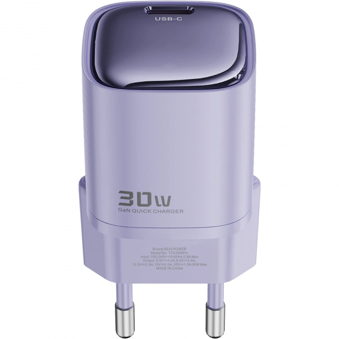 Realpower 30W GaN USB-C PD Hızlı Şarj Adaptörü Şarj Aleti ve USB-C to Lightning Hızlı Şarj Kablo Seti Mor TCS30WPU
