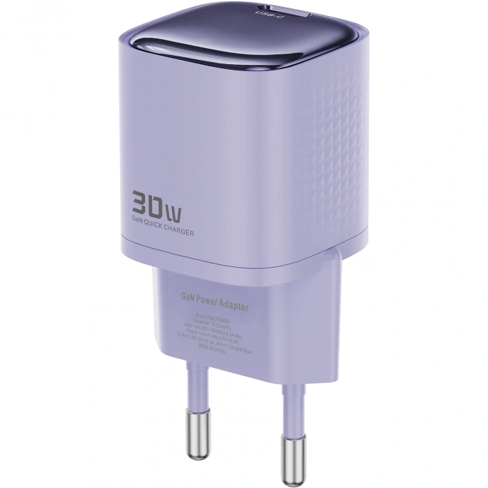 Realpower 30W GaN USB-C PD Hızlı Şarj Adaptörü Şarj Aleti ve USB-C to Lightning Hızlı Şarj Kablo Seti Mor TCS30WPU