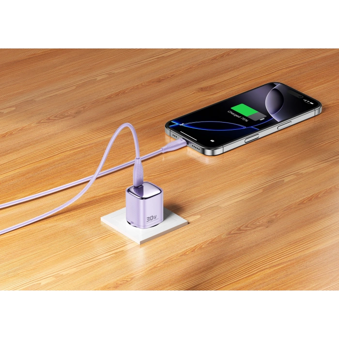 Realpower 30W GaN USB-C PD Hızlı Şarj Adaptörü Şarj Aleti ve USB-C to Lightning Hızlı Şarj Kablo Seti Mor TCS30WPU