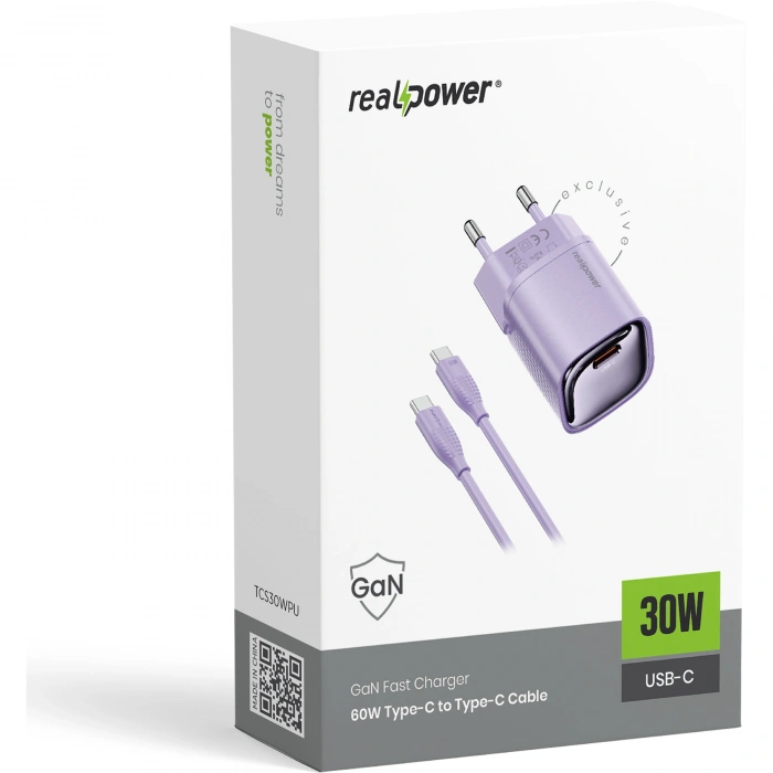 Realpower 30W GaN USB-C PD Hızlı Şarj Adaptörü Şarj Aleti ve USB-C to Lightning Hızlı Şarj Kablo Seti Mor TCS30WPU