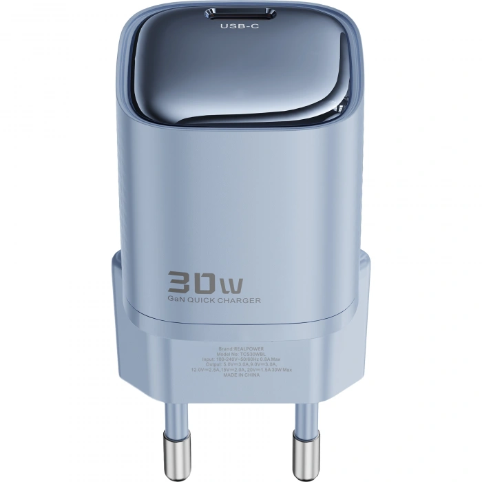 Realpower 30W GaN USB-C PD Hızlı Şarj Adaptörü Şarj Aleti ve USB-C to Lightning Hızlı Şarj Kablo Seti Mavi TCS30WBL