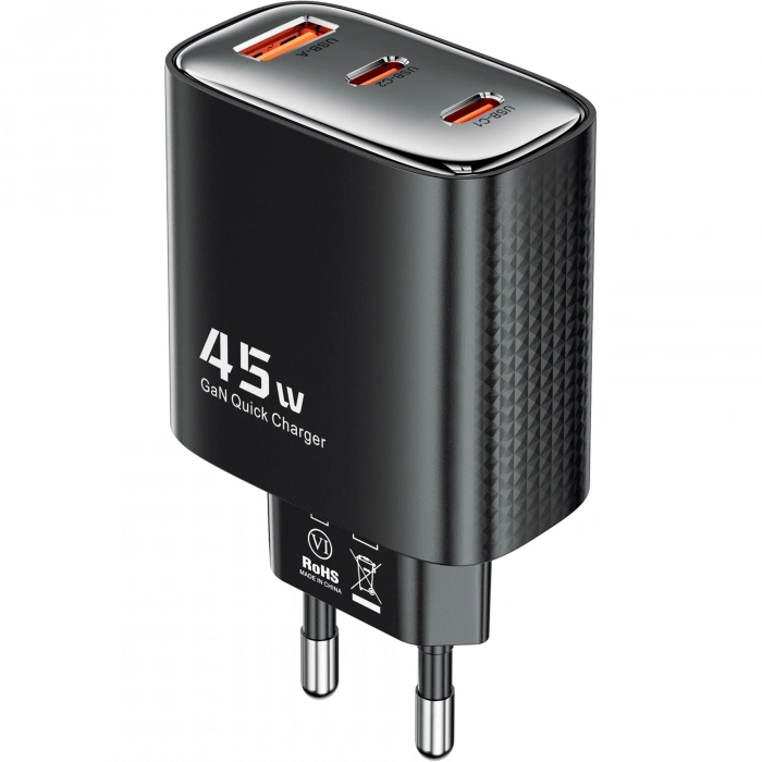 Realpower 45W GaN 3 Çıkışlı USB-C1/C2/A PD Hızlı Şarj Adaptörü Şarj Aleti ve 60W USB-C to USB-C Kablo Seti Siyah TCS45WBK