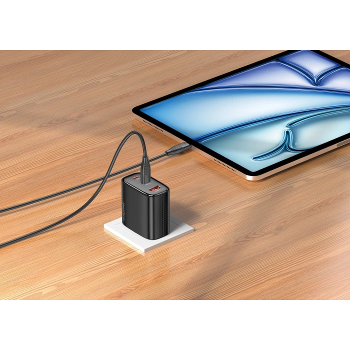 Realpower 45W GaN 3 Çıkışlı USB-C1/C2/A PD Hızlı Şarj Adaptörü Şarj Aleti ve 60W USB-C to USB-C Kablo Seti Siyah TCS45WBK