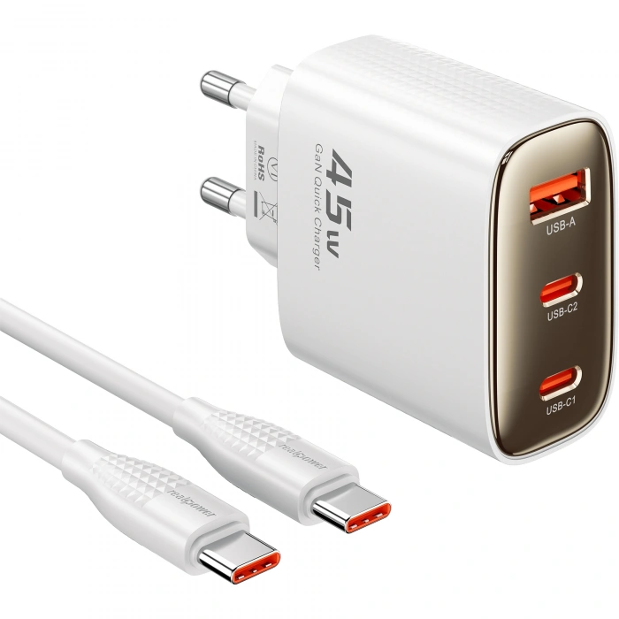 Realpower 45W GaN 3 Çıkışlı USB-C1/C2/A PD Hızlı Şarj Adaptörü Şarj Aleti ve 60W USB-C to USB-C Kablo Seti Beyaz TCS45WBK