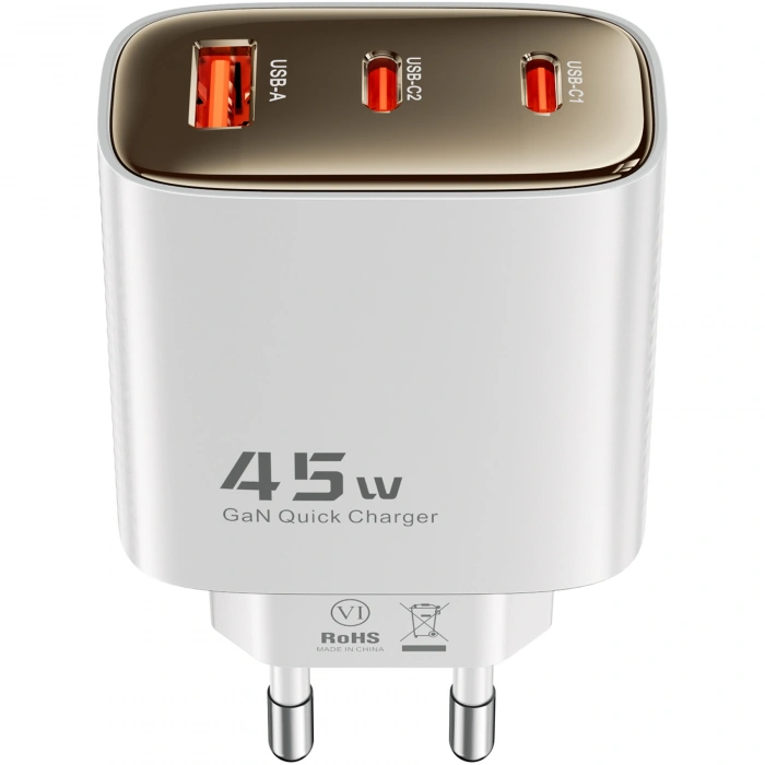 Realpower 45W GaN 3 Çıkışlı USB-C1/C2/A PD Hızlı Şarj Adaptörü Şarj Aleti ve 60W USB-C to USB-C Kablo Seti Beyaz TCS45WBK