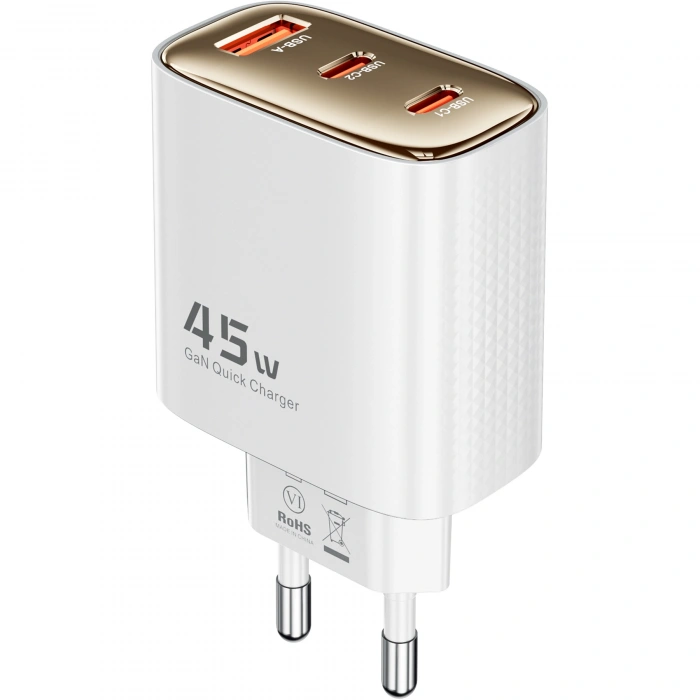 Realpower 45W GaN 3 Çıkışlı USB-C1/C2/A PD Hızlı Şarj Adaptörü Şarj Aleti ve 60W USB-C to USB-C Kablo Seti Beyaz TCS45WBK
