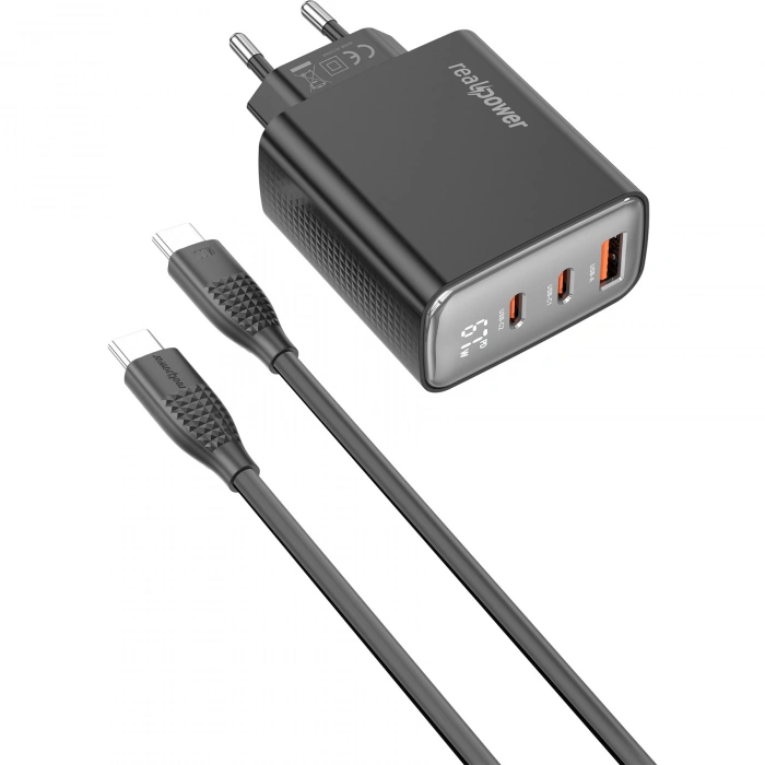 Realpower 67W GaN 3 Çıkışlı USB-C1/C2/A Dijital Göstergeli PD Hızlı Şarj Adaptörü Şarj Aleti ve 100W USB-C to USB-C Kablo Seti Siyah TCS67WBK